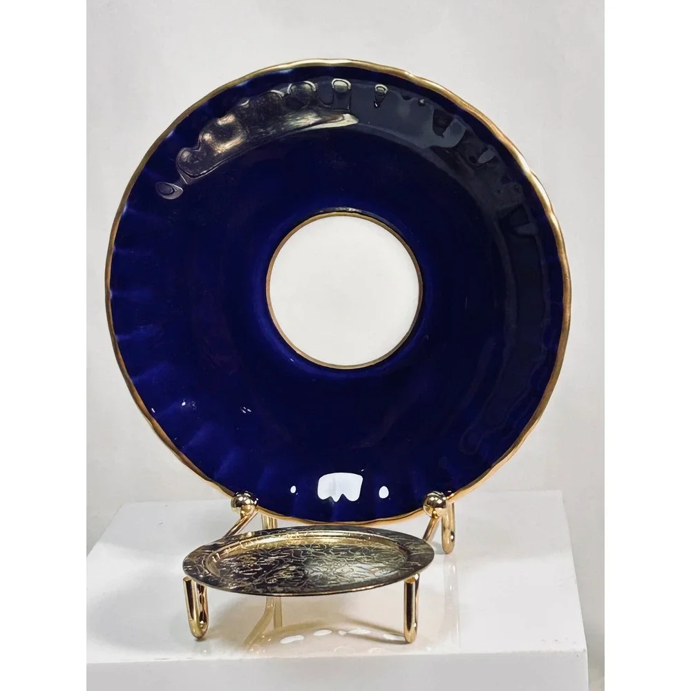 Aynsley Orchard Fruit Teacup Saucer Cobalt Blue Gold D‎ Jones Signed Bone China